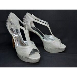 Gianni Bini Platinum Collection Silver Glitter Rhinestone‎ T-Strap Heels Size 9M
